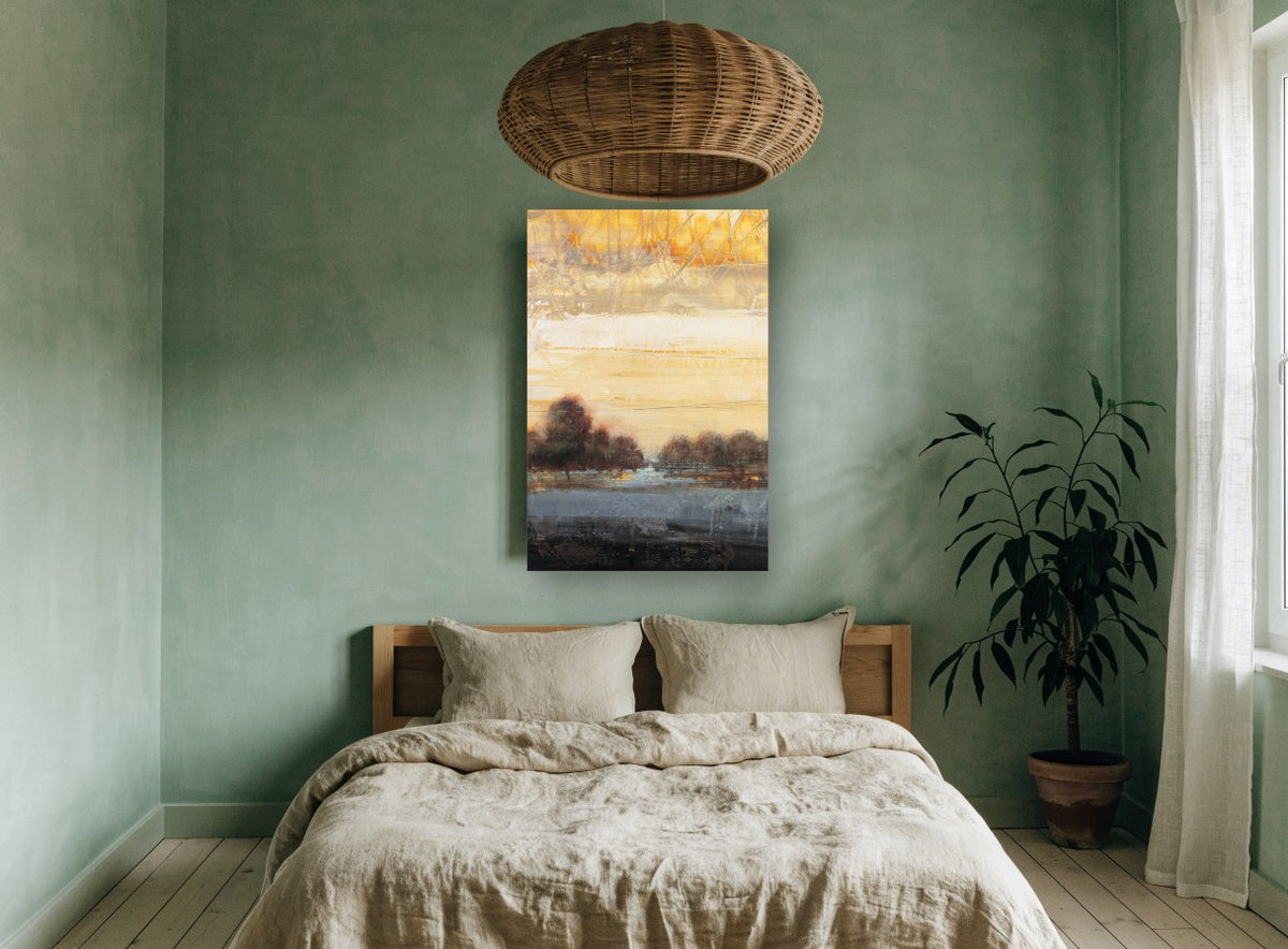 Amber Dusk Treeline landscape canvas print on the wall of a bedroom