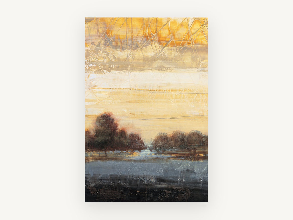 Amber Dusk Treeline, golden sky abstract landscape painting, landscape canvas wall art print, front view