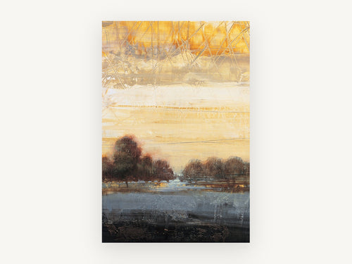 Amber Dusk Treeline, golden sky abstract landscape painting, landscape canvas wall art print, front view
