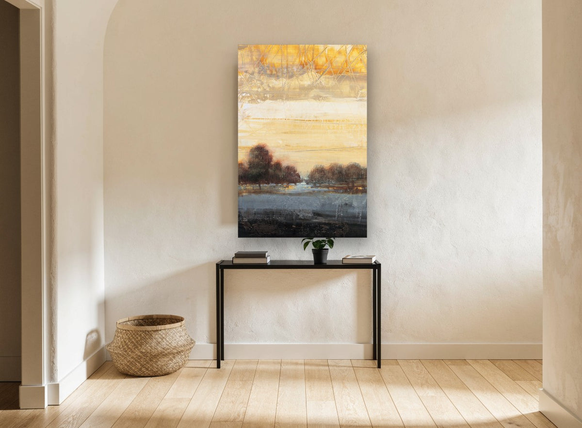 Amber Dusk Treeline landscape canvas print on the wall of a hallway