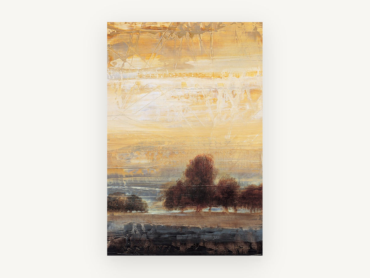 Amber Dusk Grove, golden sky tree abstract landscape, landscape canvas wall art print, front view