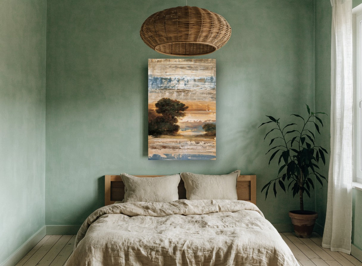 Weathered Dusk Grove landscape canvas print on the wall of a bedroom