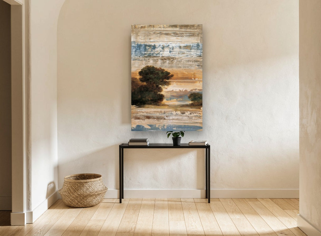 Weathered Dusk Grove landscape canvas print on the wall of a hallway