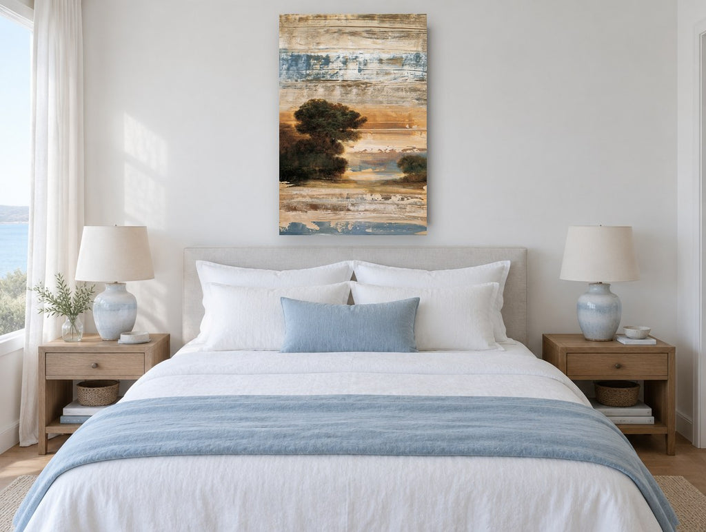 Weathered Dusk Grove landscape canvas print on the wall of a bedroom