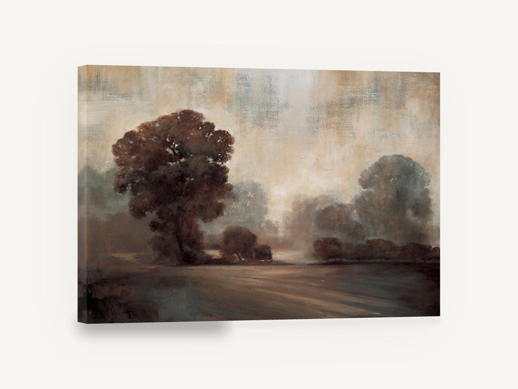 Misty Sepia Oaks, misty trees landscape sepia painting, floral canvas wall art print ready to hang