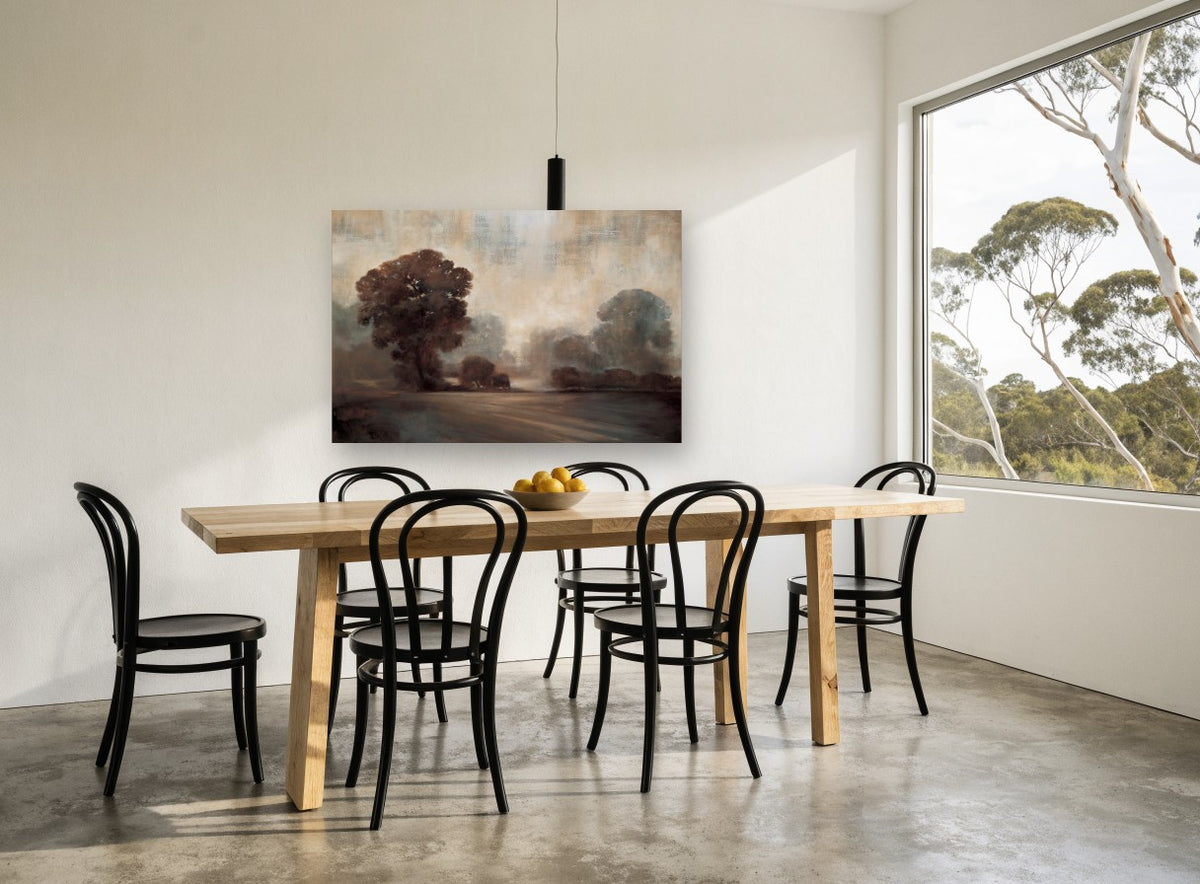 Misty Sepia Oaks floral canvas print on the wall of a dining room