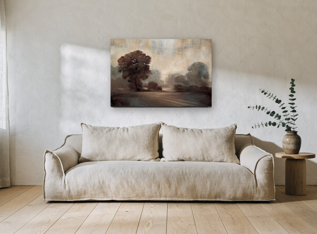 Misty Sepia Oaks floral canvas print on the wall of a living room