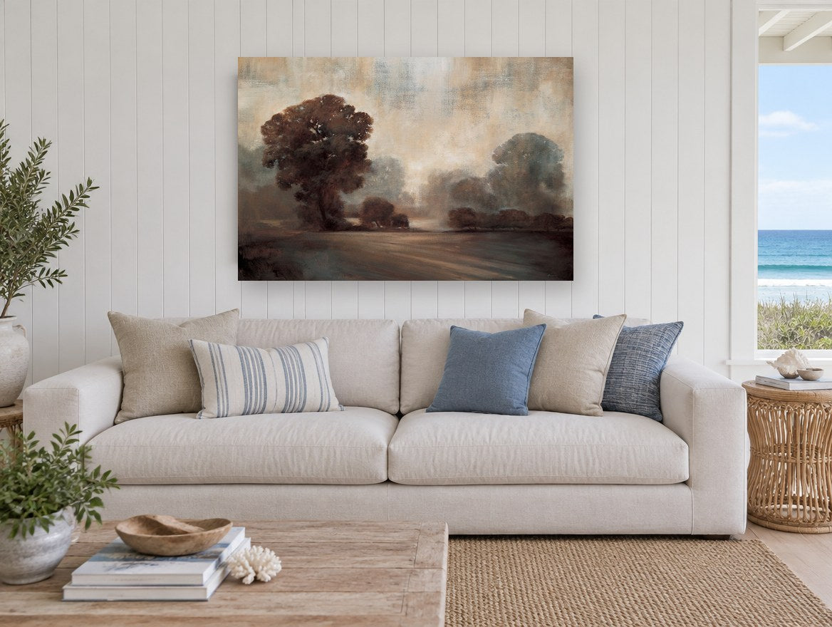 Misty Sepia Oaks floral canvas print on the wall of a beach house living room