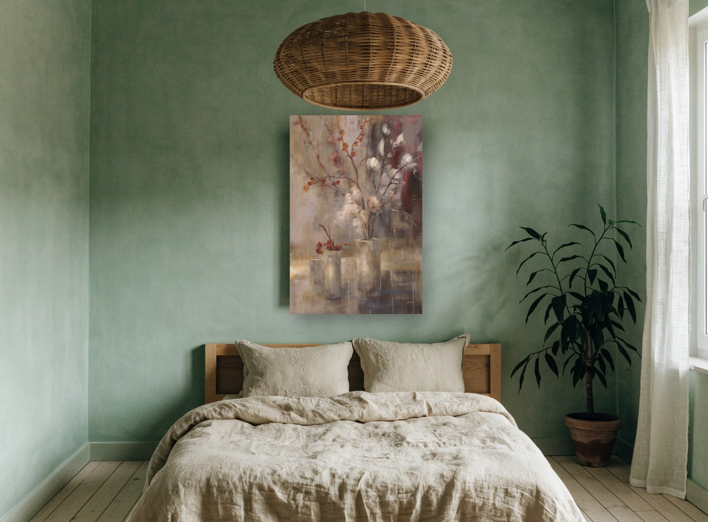 Silver Branches in Glass floral canvas print on the wall of a bedroom