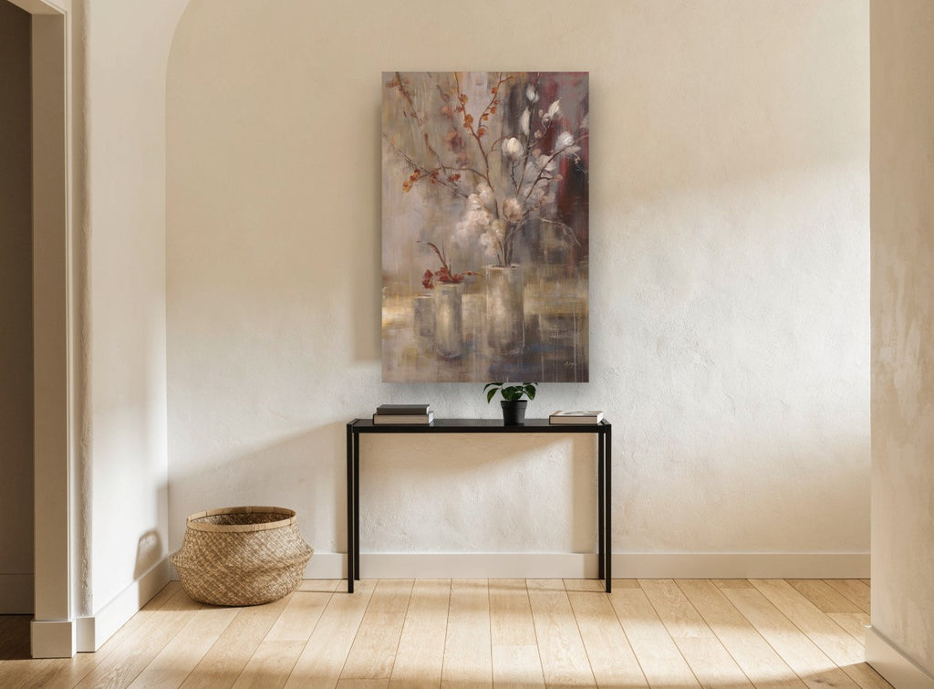 Silver Branches in Glass floral canvas print on the wall of a hallway