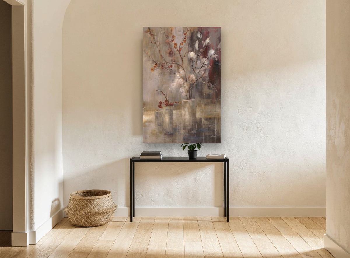 Silver Branches in Glass floral canvas print on the wall of a hallway