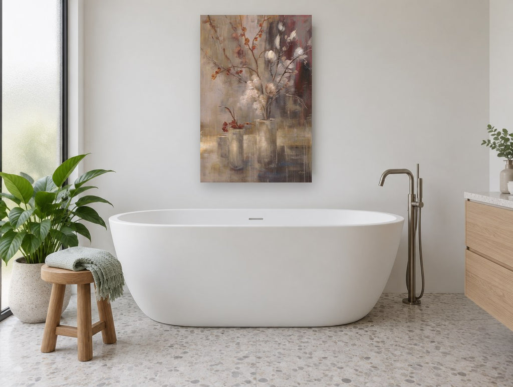 Silver Branches in Glass floral canvas print on the wall of a bathroom