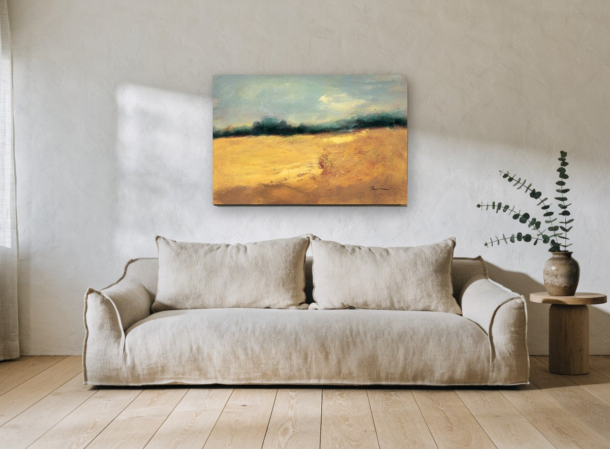 Golden Field Horizon landscape canvas print on the wall of a living room