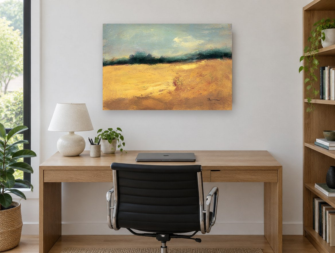 Golden Field Horizon landscape canvas print on the wall of a study