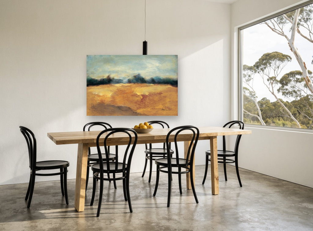 Amber Field Horizon landscape canvas print on the wall of a dining room