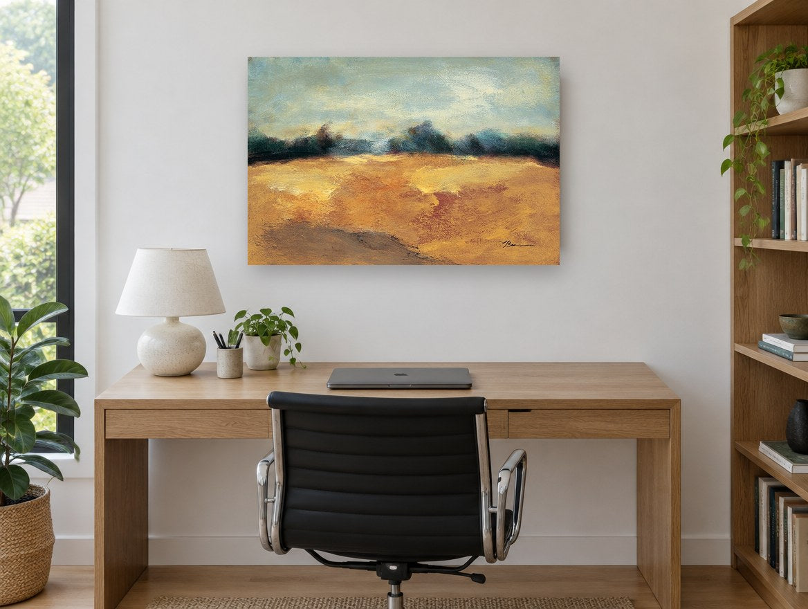 Amber Field Horizon landscape canvas print on the wall of a study