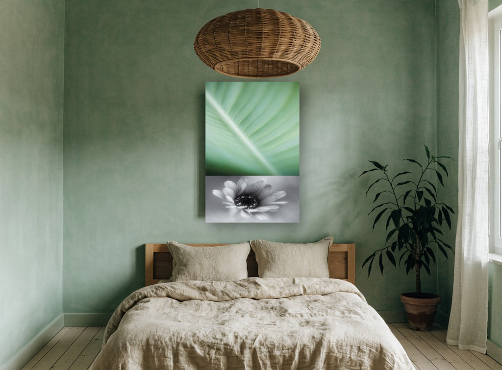 Leaf Vein and Daisy floral canvas print on the wall of a bedroom