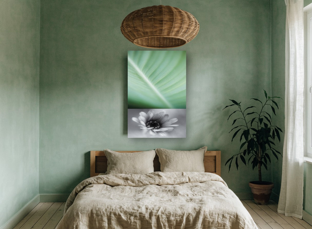 Leaf Vein and Daisy floral canvas print on the wall of a bedroom