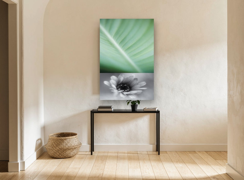 Leaf Vein and Daisy floral canvas print on the wall of a hallway