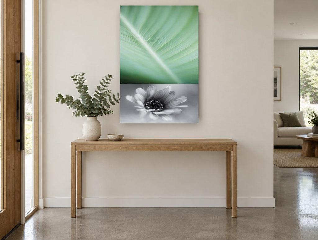 Leaf Vein and Daisy floral canvas print on the wall of a entry hall