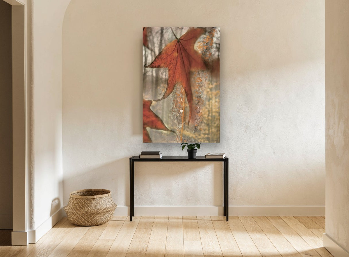 Rust Maple on Weathered Bark floral canvas print on the wall of a hallway