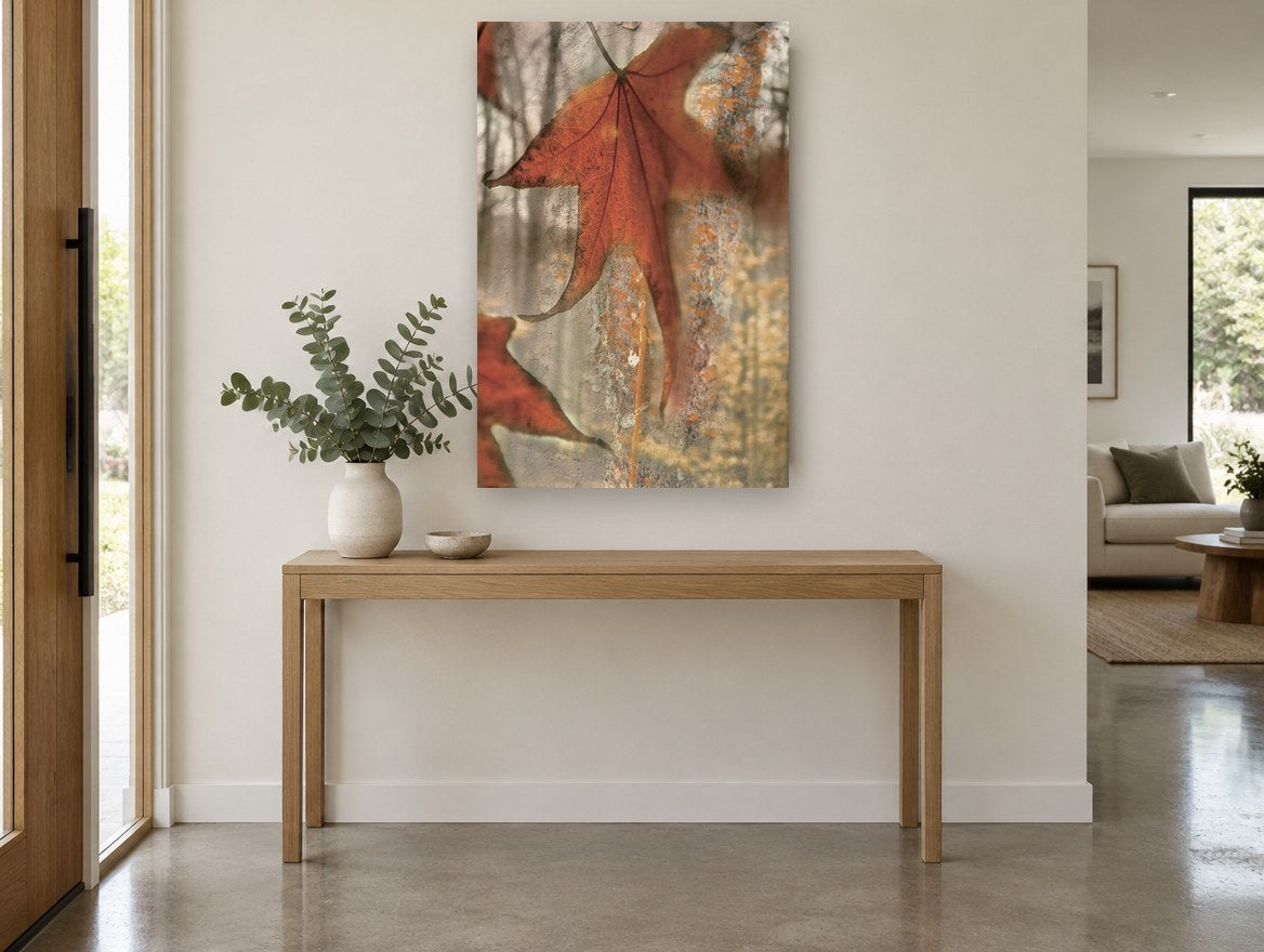 Rust Maple on Weathered Bark floral canvas print on the wall of a entry hall