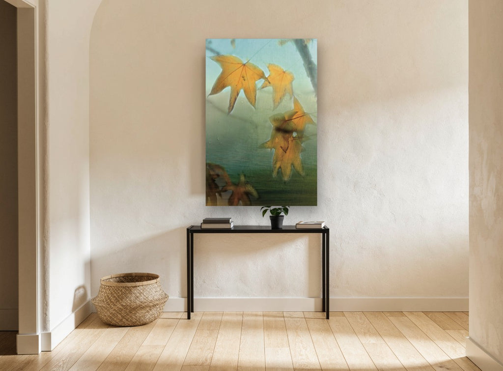 Amber Maple Haze floral canvas print on the wall of a hallway