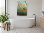Amber Maple Haze floral canvas print on the wall of a bathroom