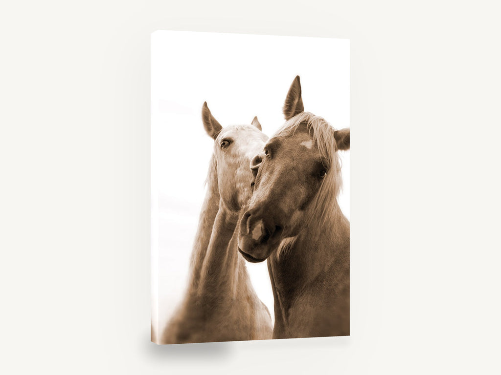 Sepia Horse Companions, sepia horse pair photograph, animal canvas wall art print ready to hang