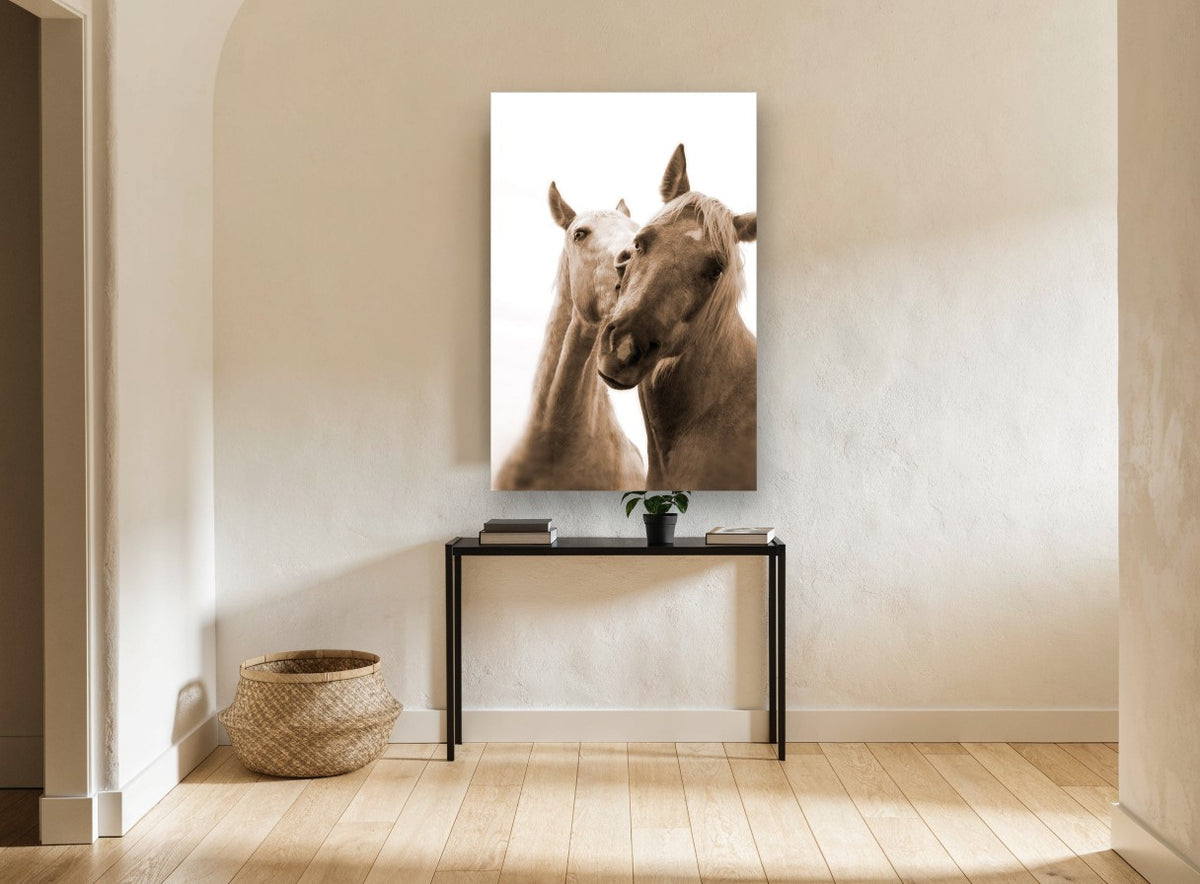 Sepia Horse Companions animal canvas print on the wall of a hallway