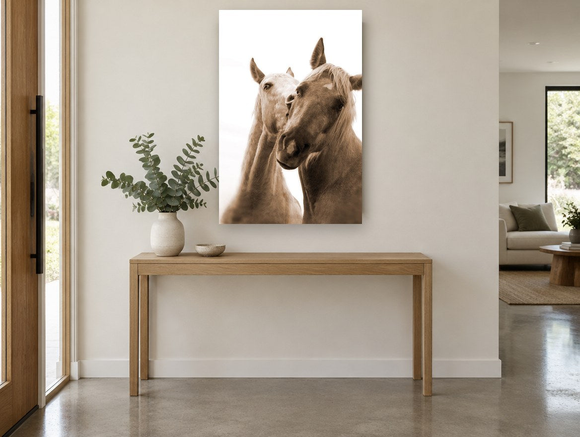Sepia Horse Companions animal canvas print on the wall of a entry hall