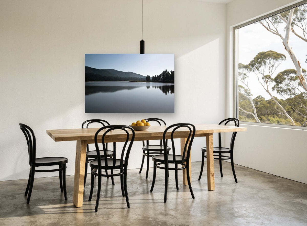 Still Lake Dusk landscape canvas print on the wall of a dining room