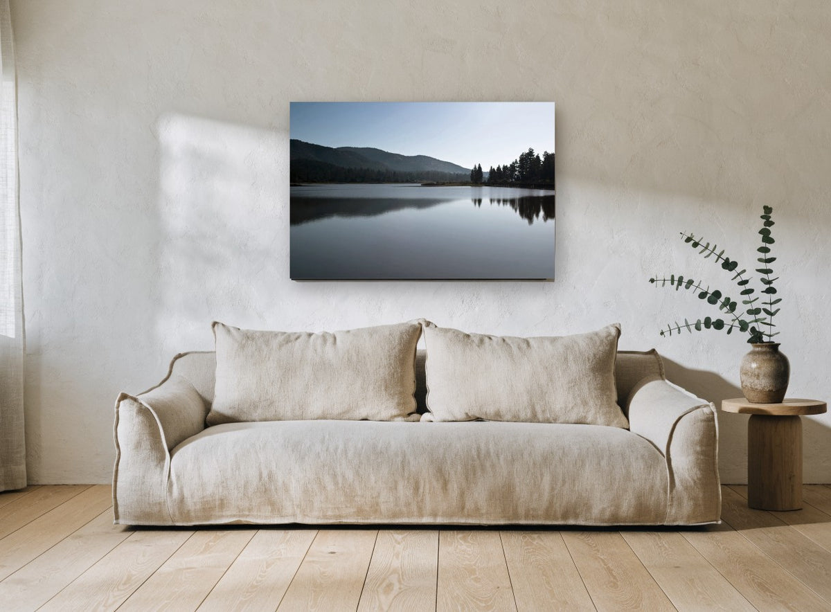 Still Lake Dusk landscape canvas print on the wall of a living room