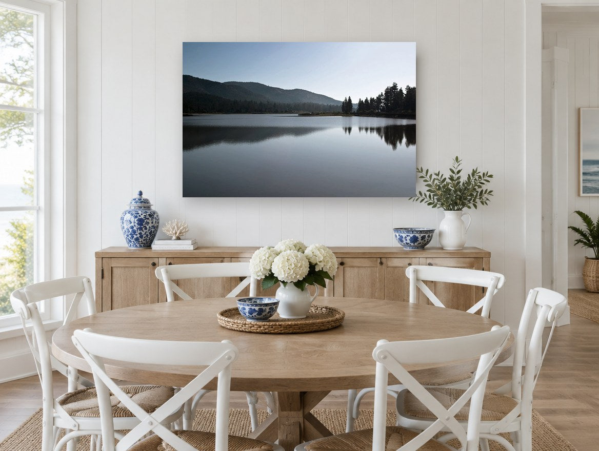 Still Lake Dusk landscape canvas print on the wall of a Hamptons dining room