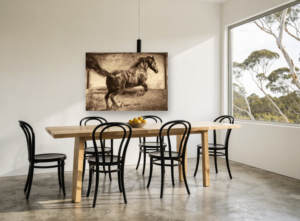 Galloping Dark Stallion vintage canvas print on the wall of a dining room