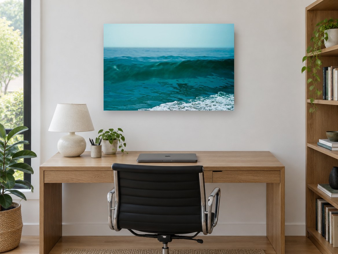 Teal Swell Rising coastal canvas print on the wall of a study