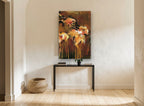 Amber Blooms Adrift floral canvas print on the wall of a hallway