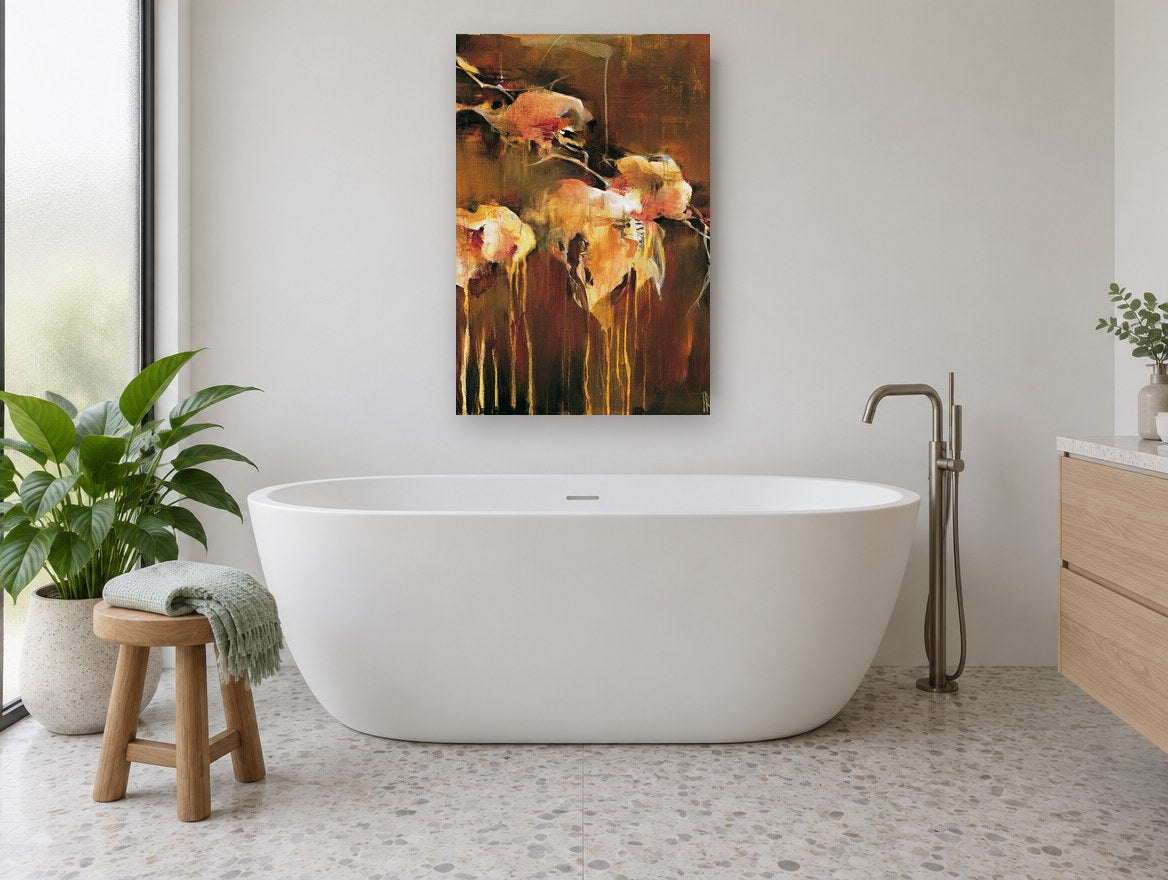 Amber Blooms Adrift floral canvas print on the wall of a bathroom