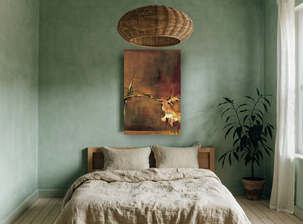 Dancer in Amber floral canvas print on the wall of a bedroom