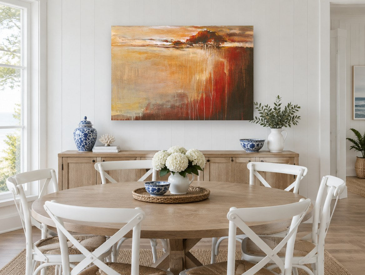 Ember Shore Drift landscape canvas print on the wall of a Hamptons dining room