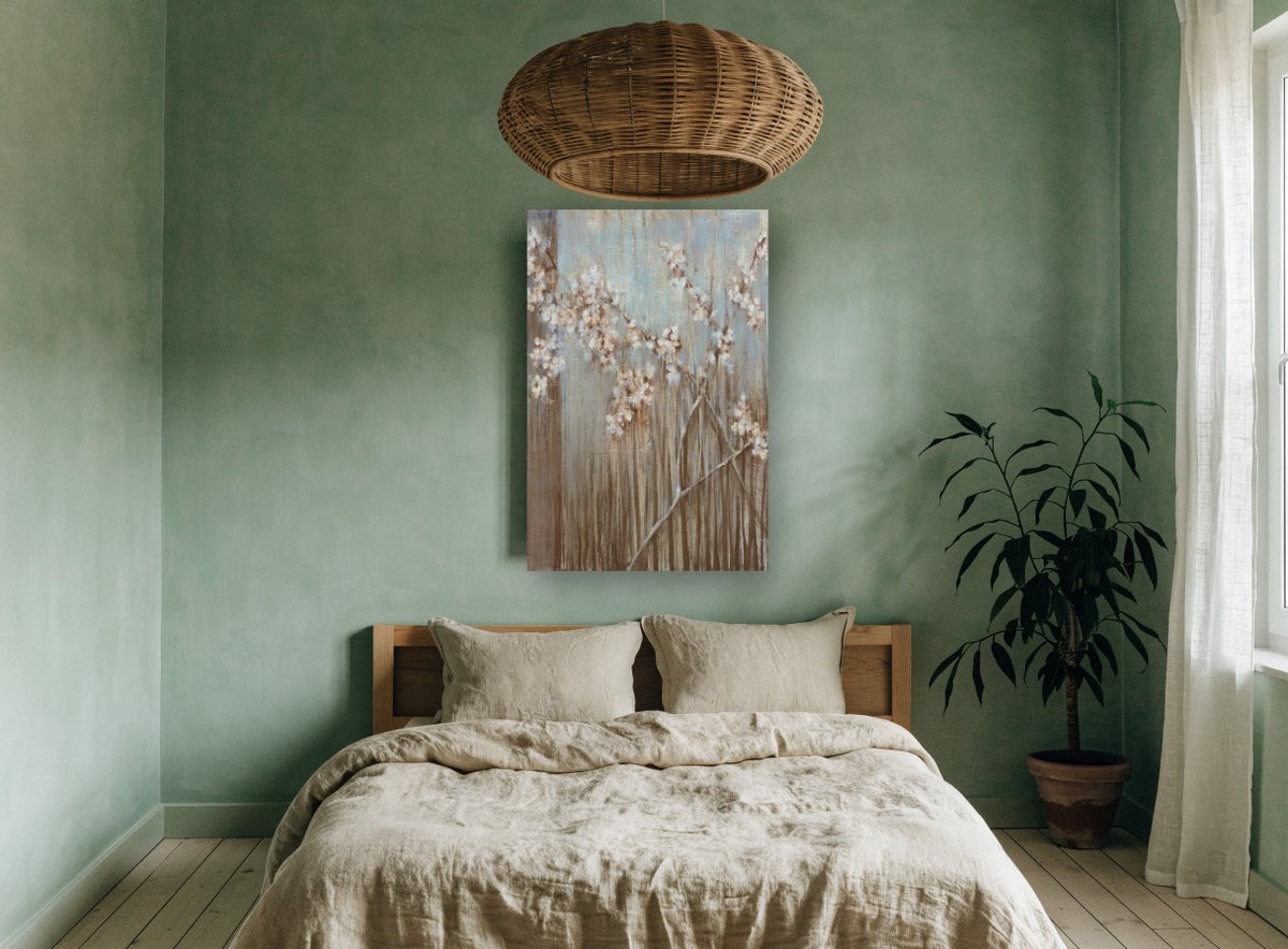 Blossom Rain Branches floral canvas print on the wall of a bedroom
