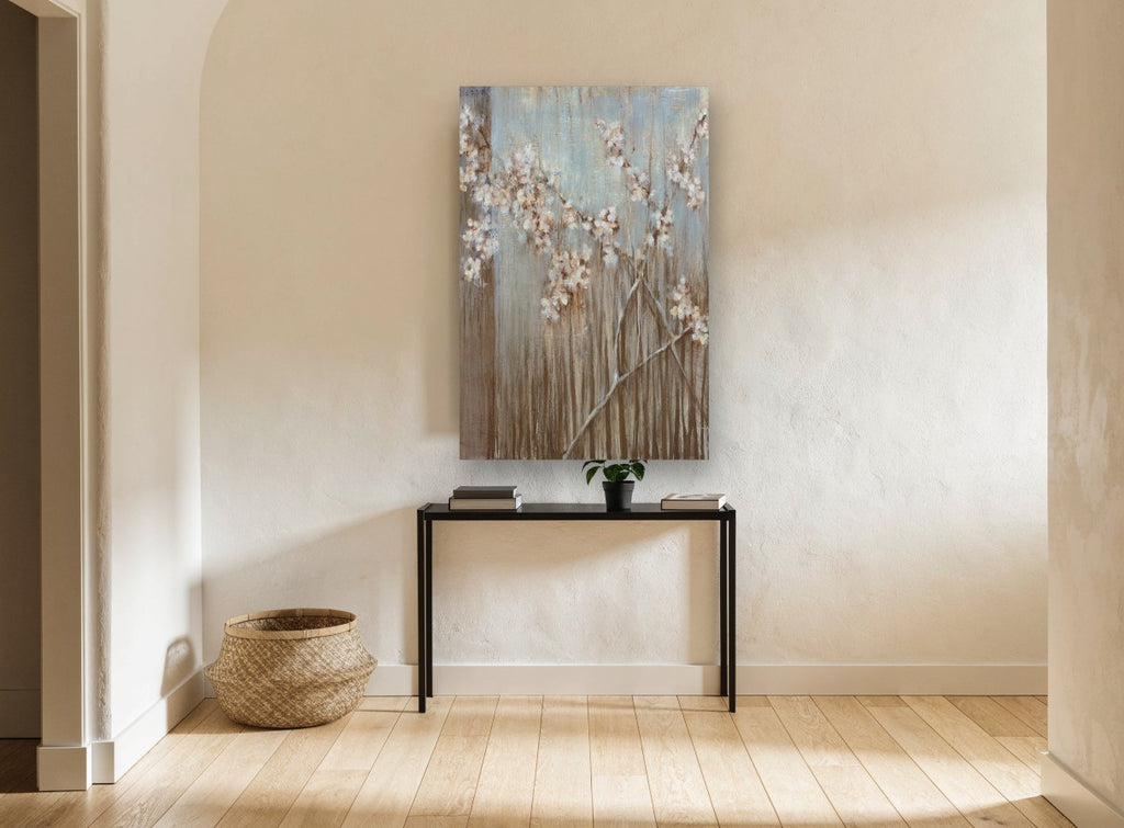 Blossom Rain Branches floral canvas print on the wall of a hallway