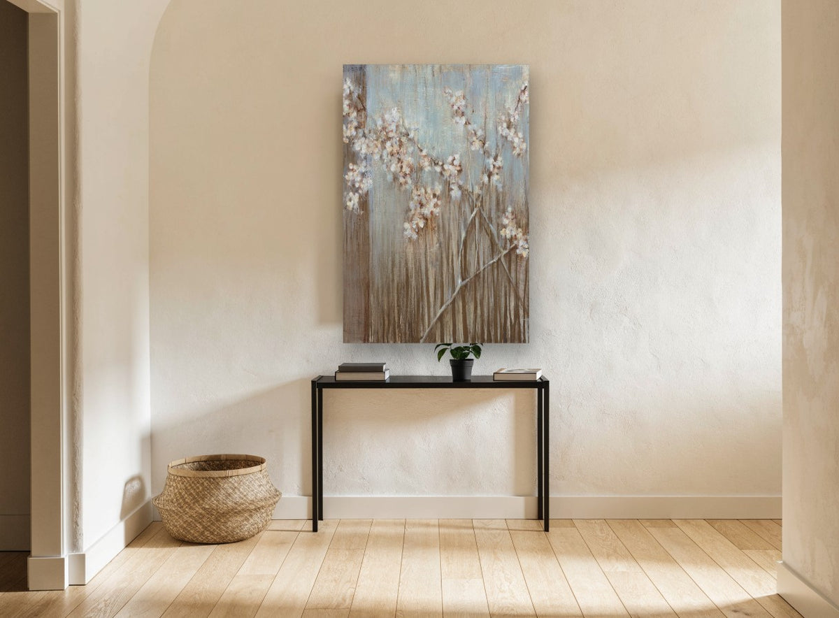 Blossom Rain Branches floral canvas print on the wall of a hallway