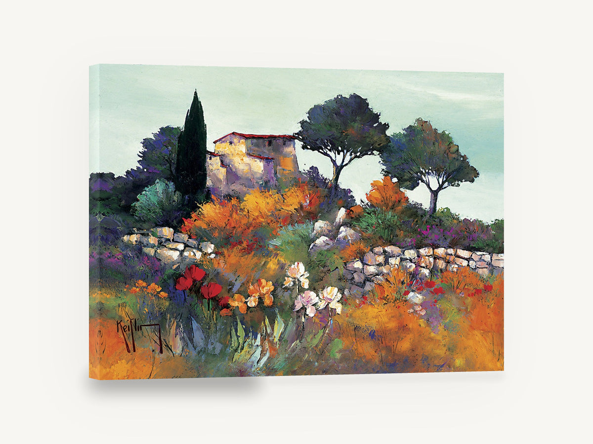 Hillside Farmhouse Blooms, vintage provence hillside farmhouse landscape, stretched canvas wall art print ready to hang