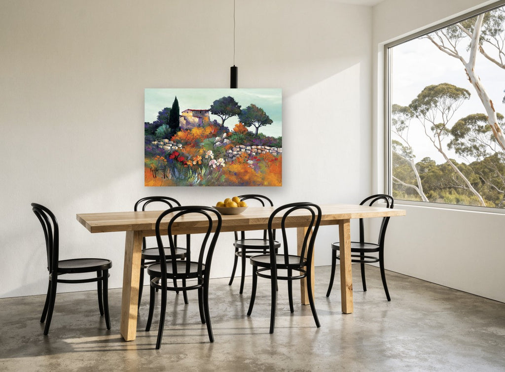 Hillside Farmhouse Blooms vintage canvas print on the wall of a dining room