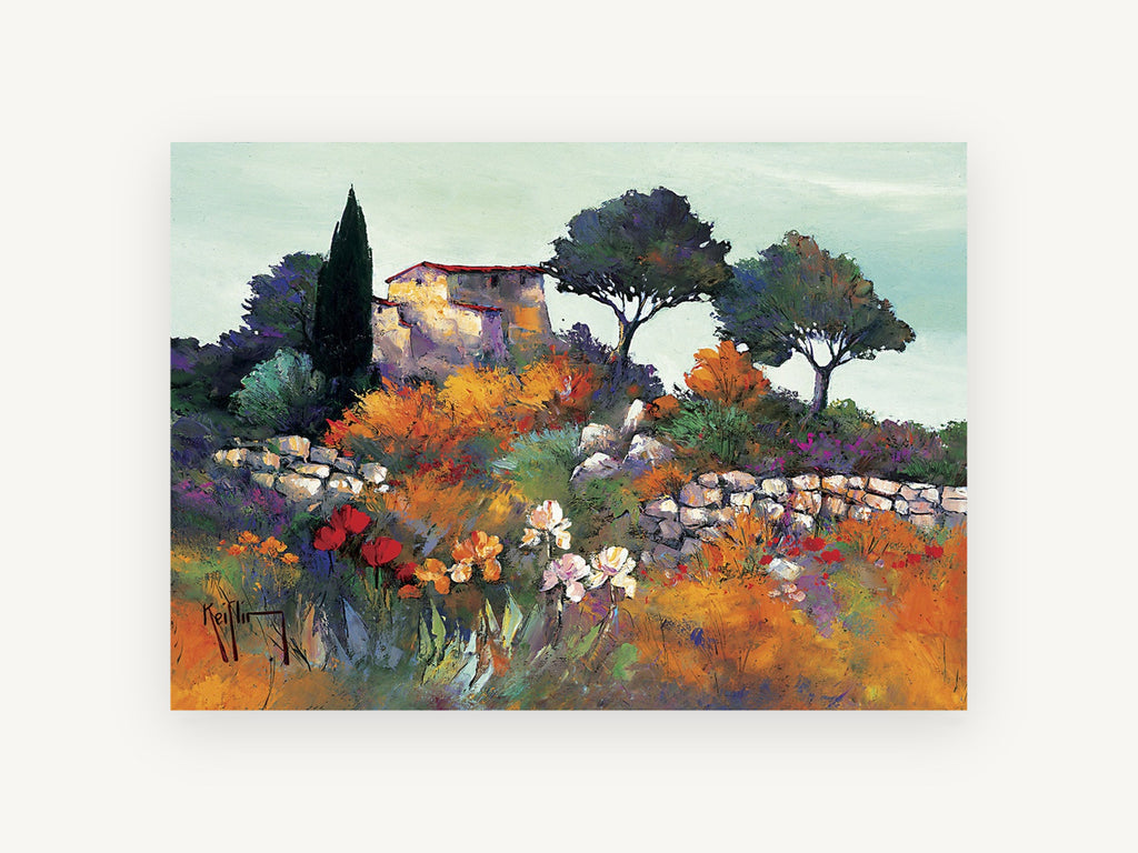 Hillside Farmhouse Blooms, vintage canvas wall art print, front view