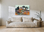 Hillside Farmhouse Blooms vintage canvas print on the wall of a living room