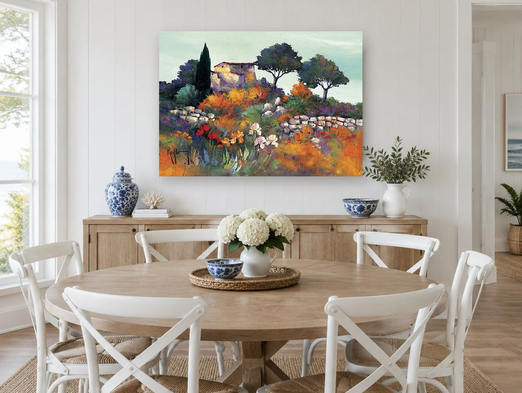 Hillside Farmhouse Blooms vintage canvas print on the wall of a Hamptons dining room