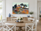 Hillside Farmhouse Blooms vintage canvas print on the wall of a Hamptons dining room