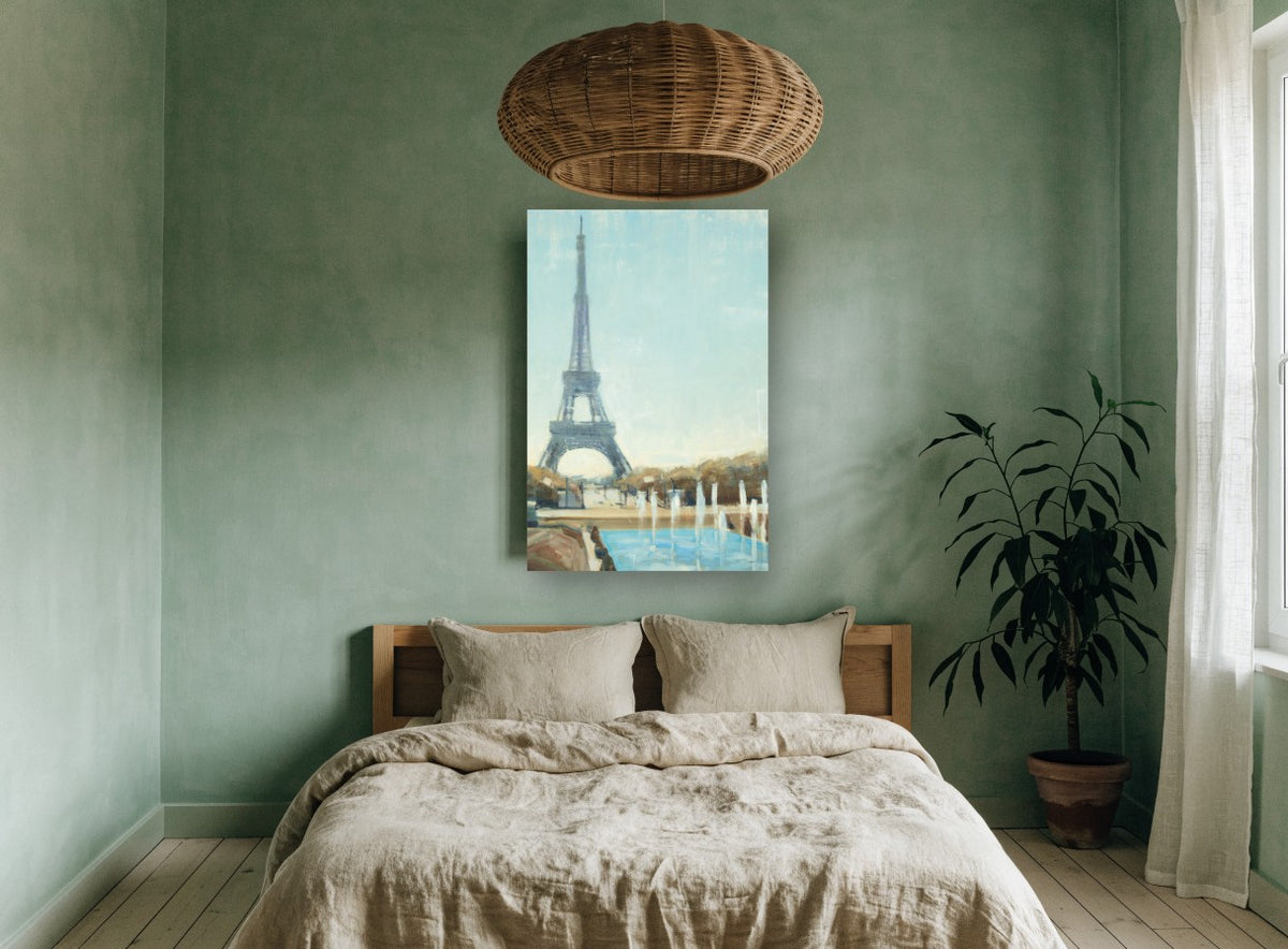 Eiffel Above the Fountains city canvas print on the wall of a bedroom